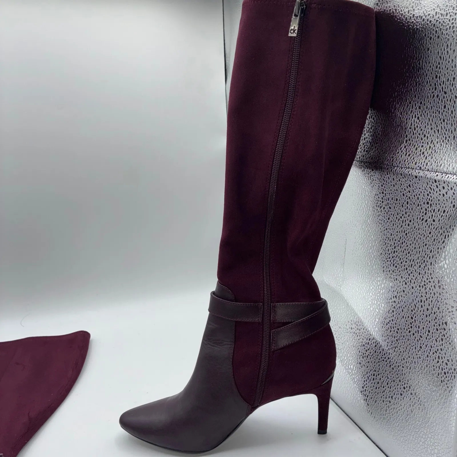 Calvin Klein Jemamine Wide Calf Tall Boots Burgundy Suede Leather Heel Size 6.5 - Image 10