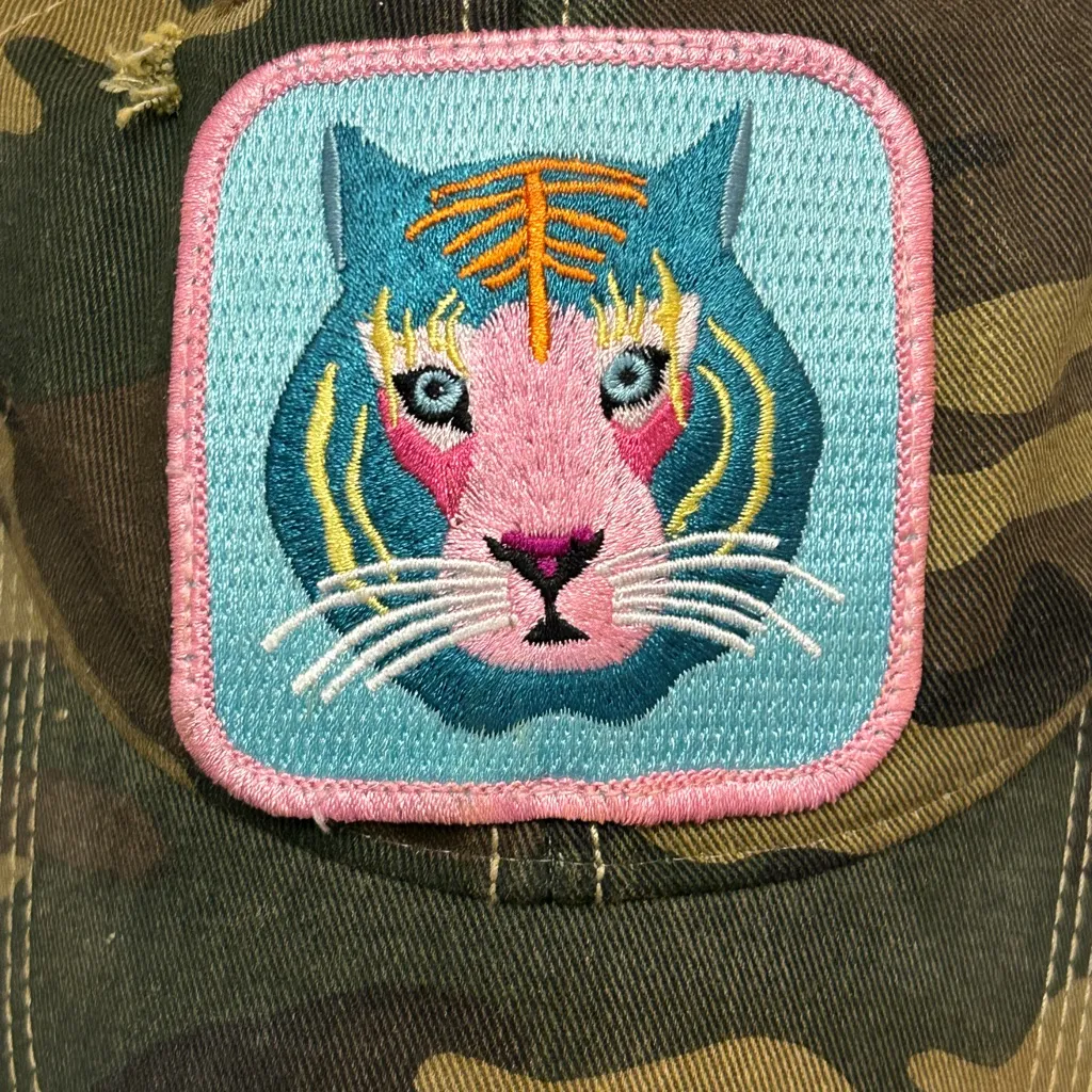 HEADMOST DISTRESSED CAMO TRUCKER HAT W/ NEON TIGER PATCH Green - Image 3