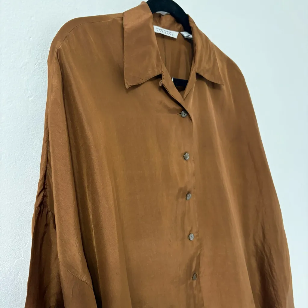 Vintage 90s Express Chocolate Brown Oversized 100% Silk Shirt Pants Set  Sz XS/0 - Image 4