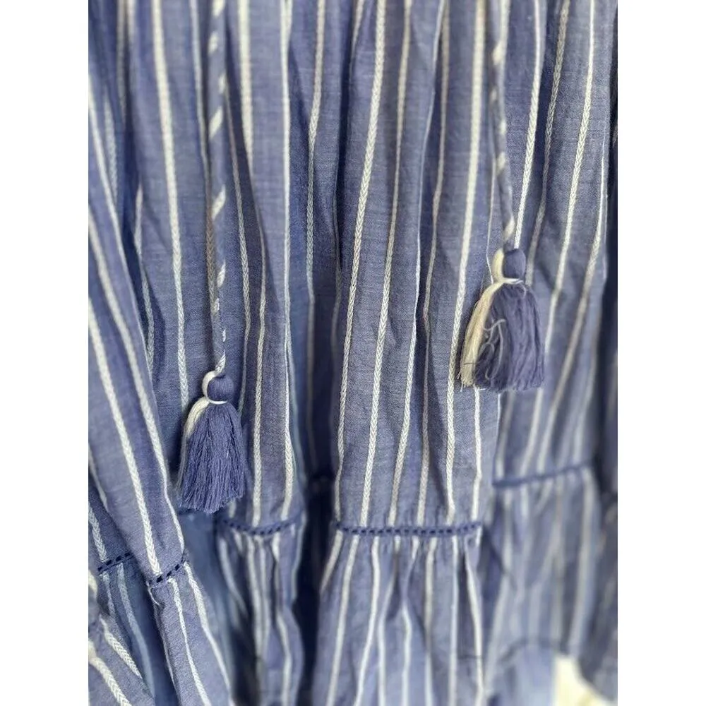 Free People Lola Boho Striped Tiered Dress Chambray Blue Embroidered Lagenlook - Image 13