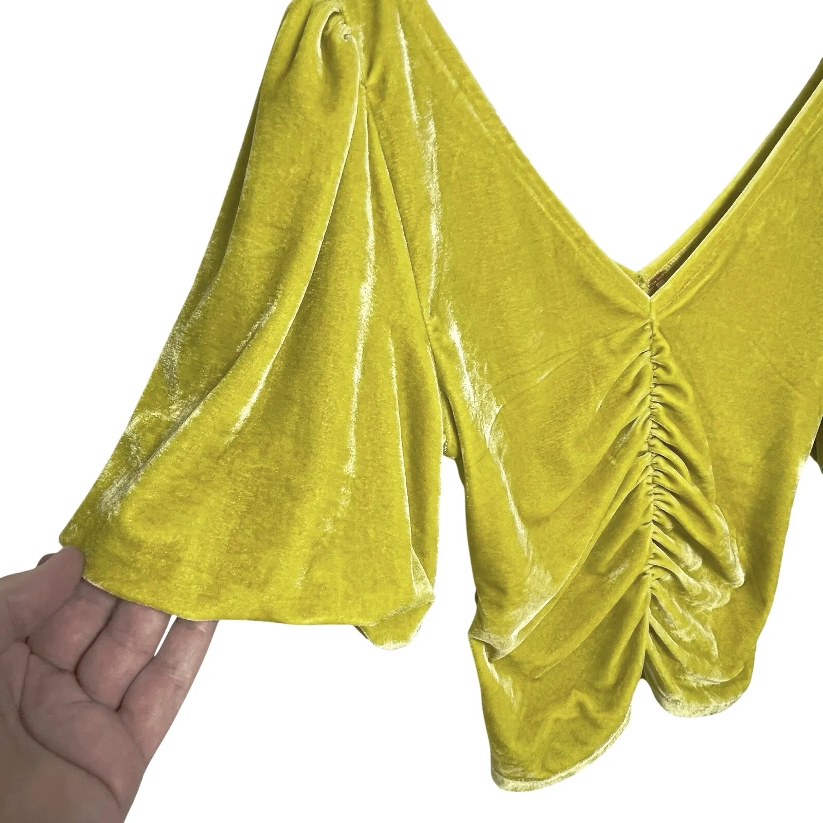 FREE PEOPLE Women’s Golden Yellow Crushed Velvet Cupcake Ruched Top - Image 4