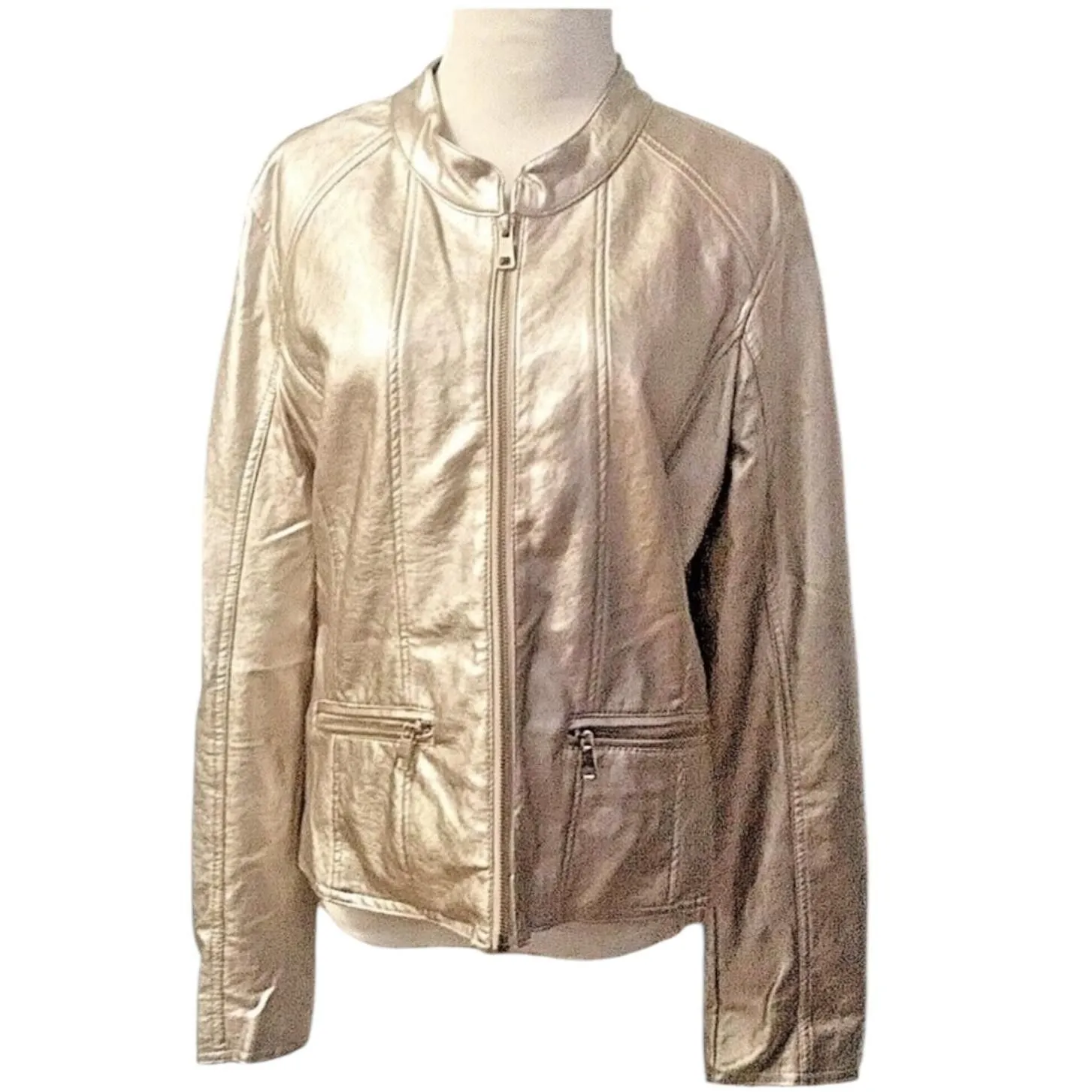 Cavalini Jacket Women's Sz Large Champagne Metallic Faux Leather Y2K Futuristic - Image 2