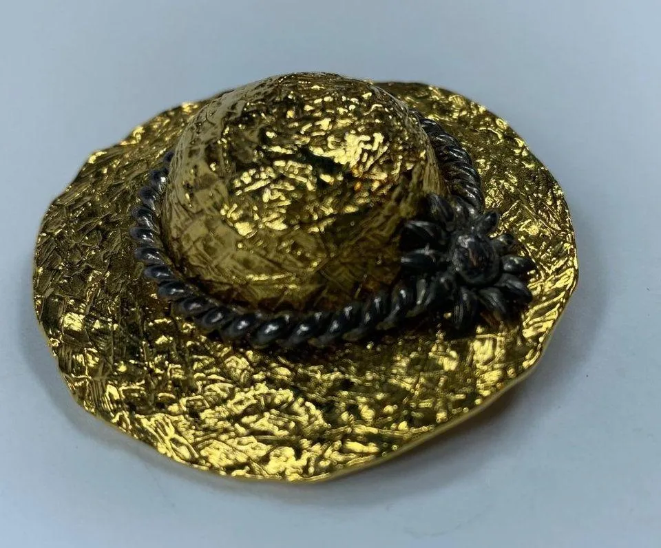 Premier Designs 3 D Hat Brooch Textured Hammered Metal Gold Tone Flower Accent - Image 11