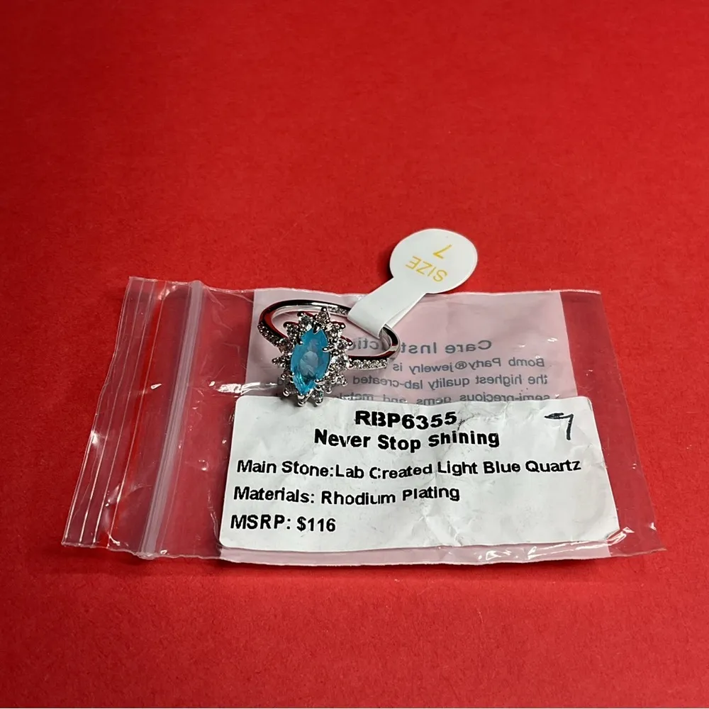 Bomb Party RBP6355 “Never Stop Shining” LC Quartz on Rhodium Size 7 Ring NWT Blue - Image 5