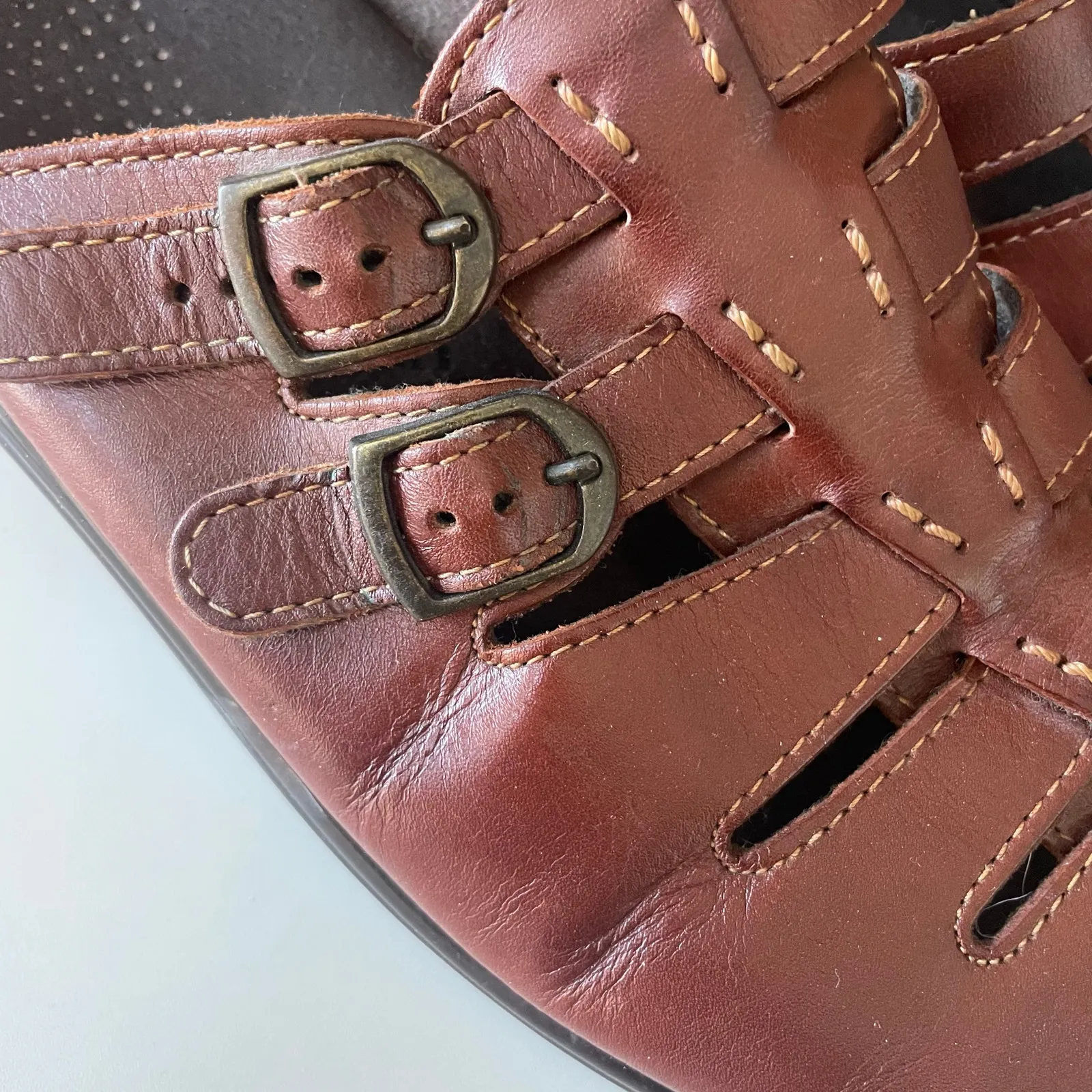 SAS Tango Slide Wedge Sandal Size 9.5 Brown Leather Comfort Slip On Peep Toe - Image 2