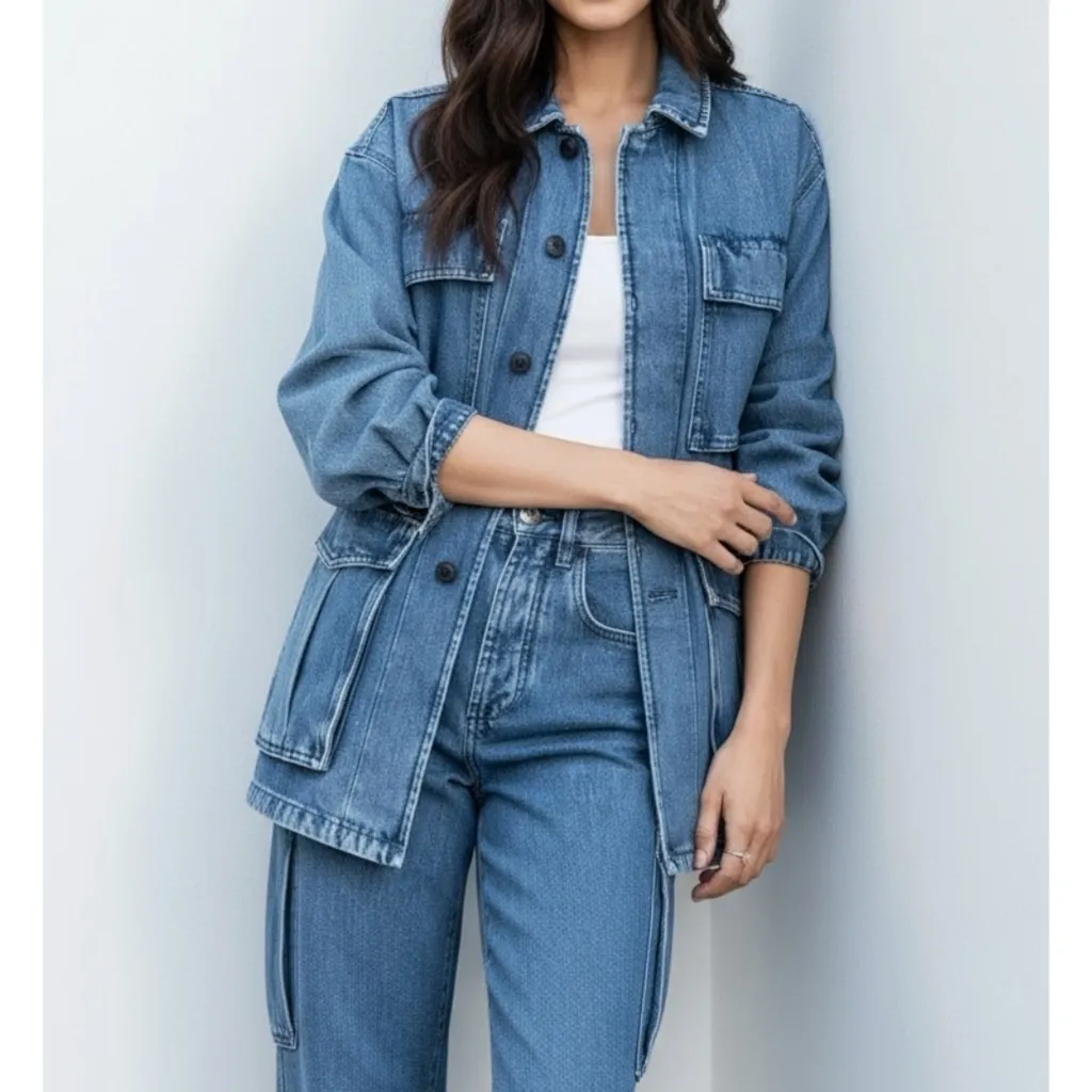 FAVORITE DAUGHTER Carly Cargo Denim Jacket, Highway, XL Blue - Image 3
