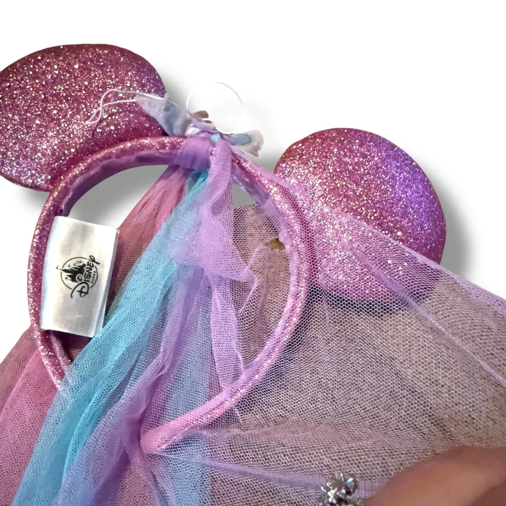 Disney Minnie Mouse Headband One‎ Size Pink Glitter Ears Tulle Streamers Bow - Image 4