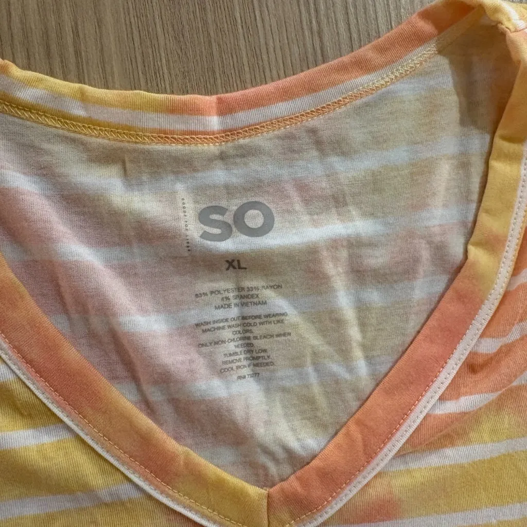 SO V Neck T Shirt XL Xtra Large Pink Yellow White Striped Short Sleeve Polyester - Image 2