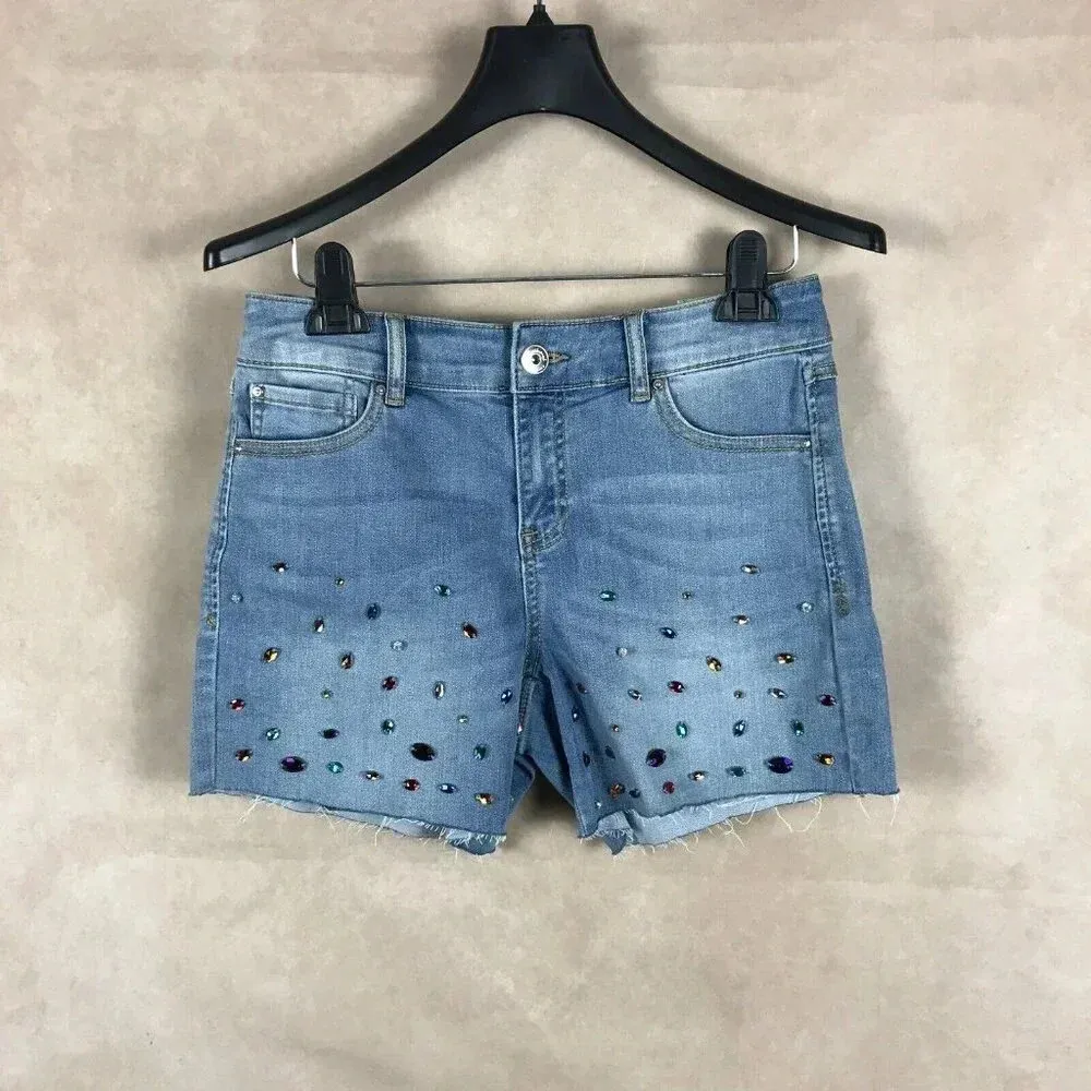INC Rainbow Rhinestone Studded Jean Shorts NWT 4 Blue - Image 3