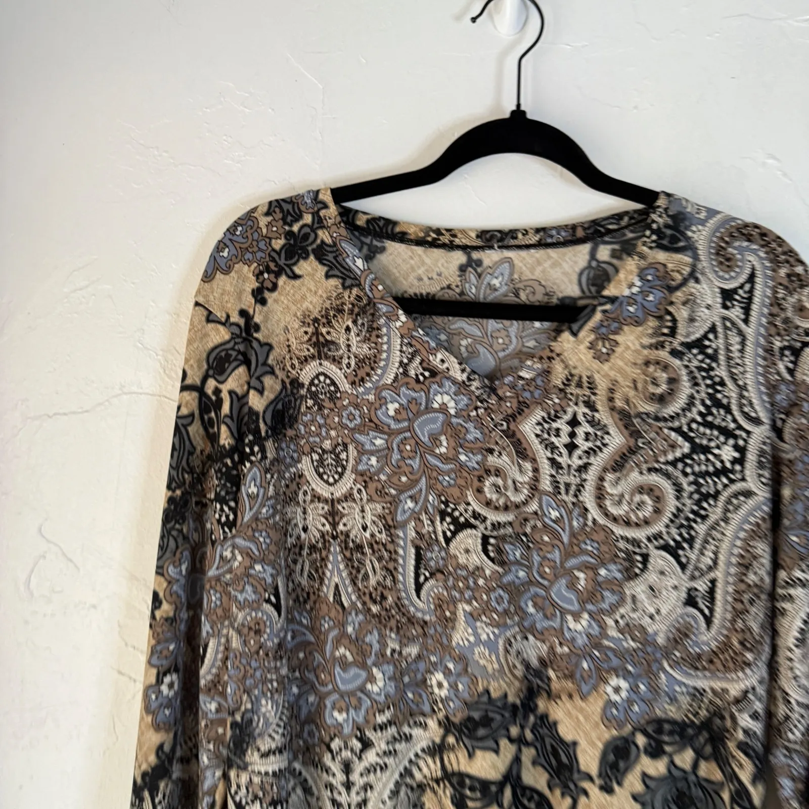 Y2k Blue Brown Paisley Print 3/4 Sleeve Top Blouse‎ Shirt M Western Boho Grunge Size M - Image 2