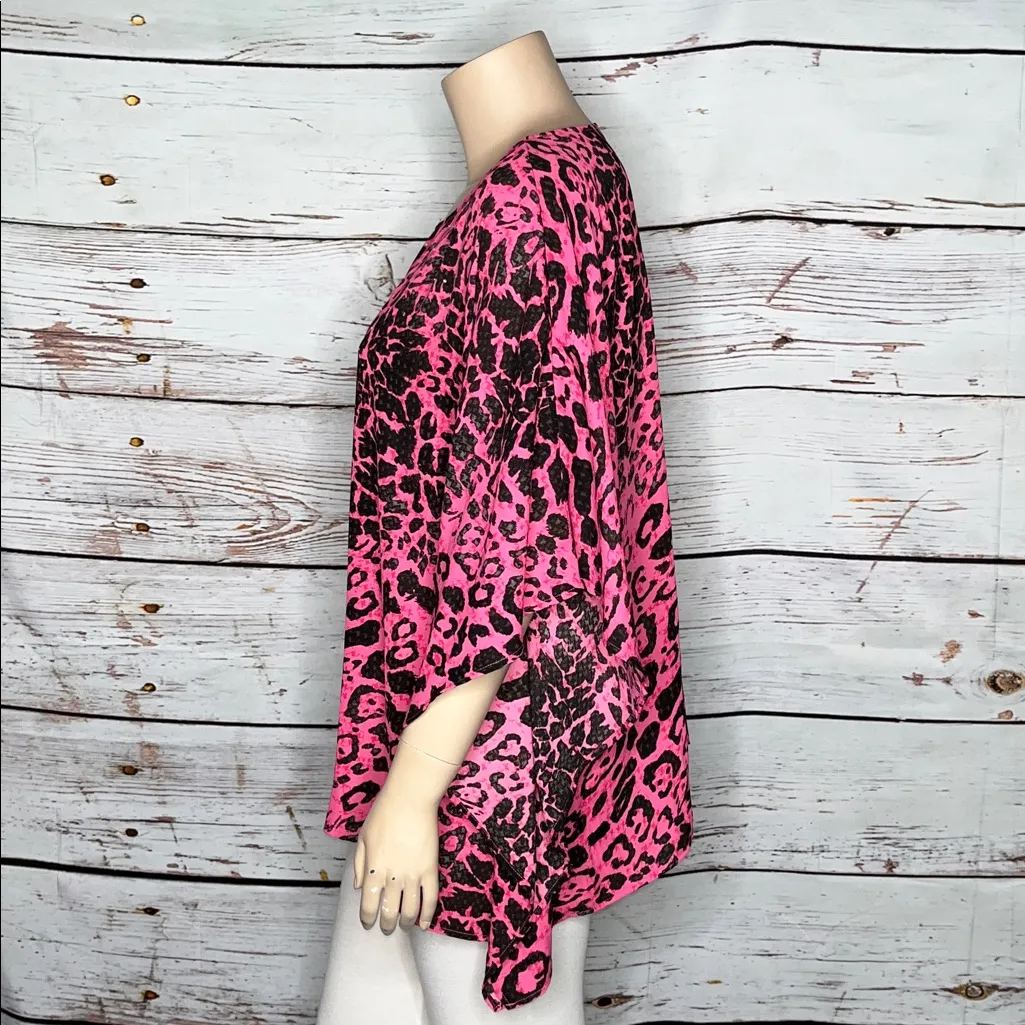 Quacker Factory 2X Pink Black Animal Print Embellished Caftan Poncho Blouse Top - Image 2