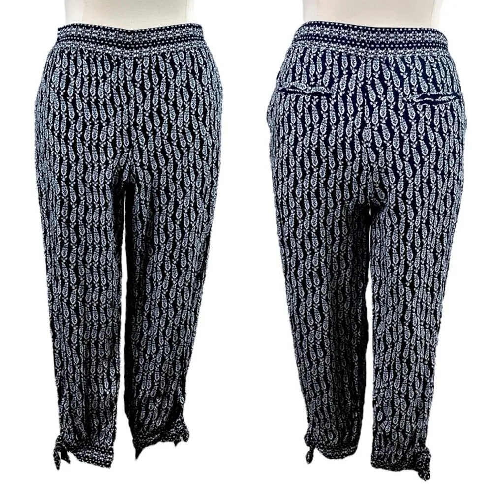 LOFT Pants Pull On Slim Fit Tie Ankles Navy White Print Women’s Plus Size 16 - Image 11