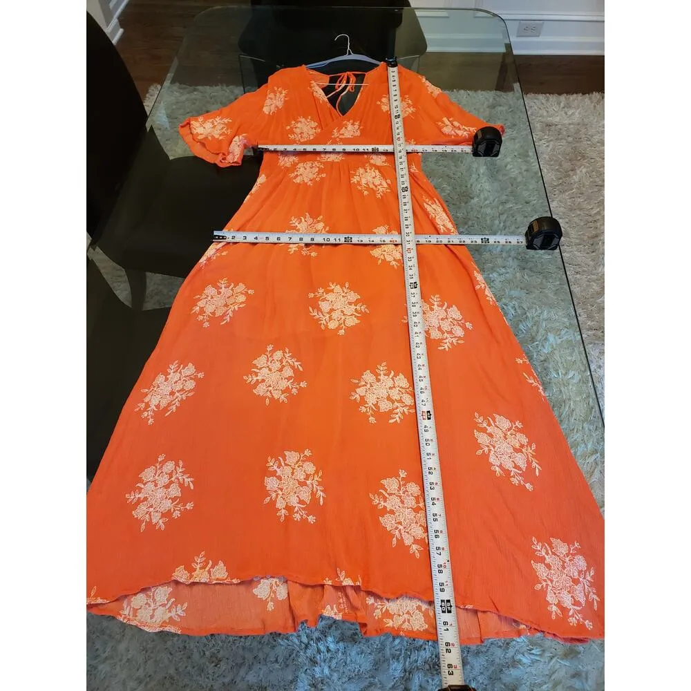 Oddi Long Maxi Dress Women's Size 2XL Orange Smocked Waist V Neck Kimono Sleeve - Image 8