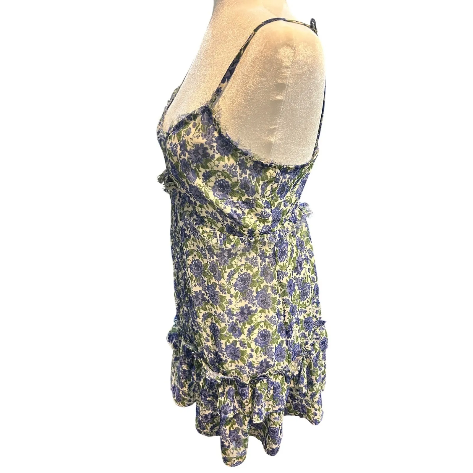 River Island Floral Print Ruffle Mini Dress Blue Purple Summer Casual - Image 5