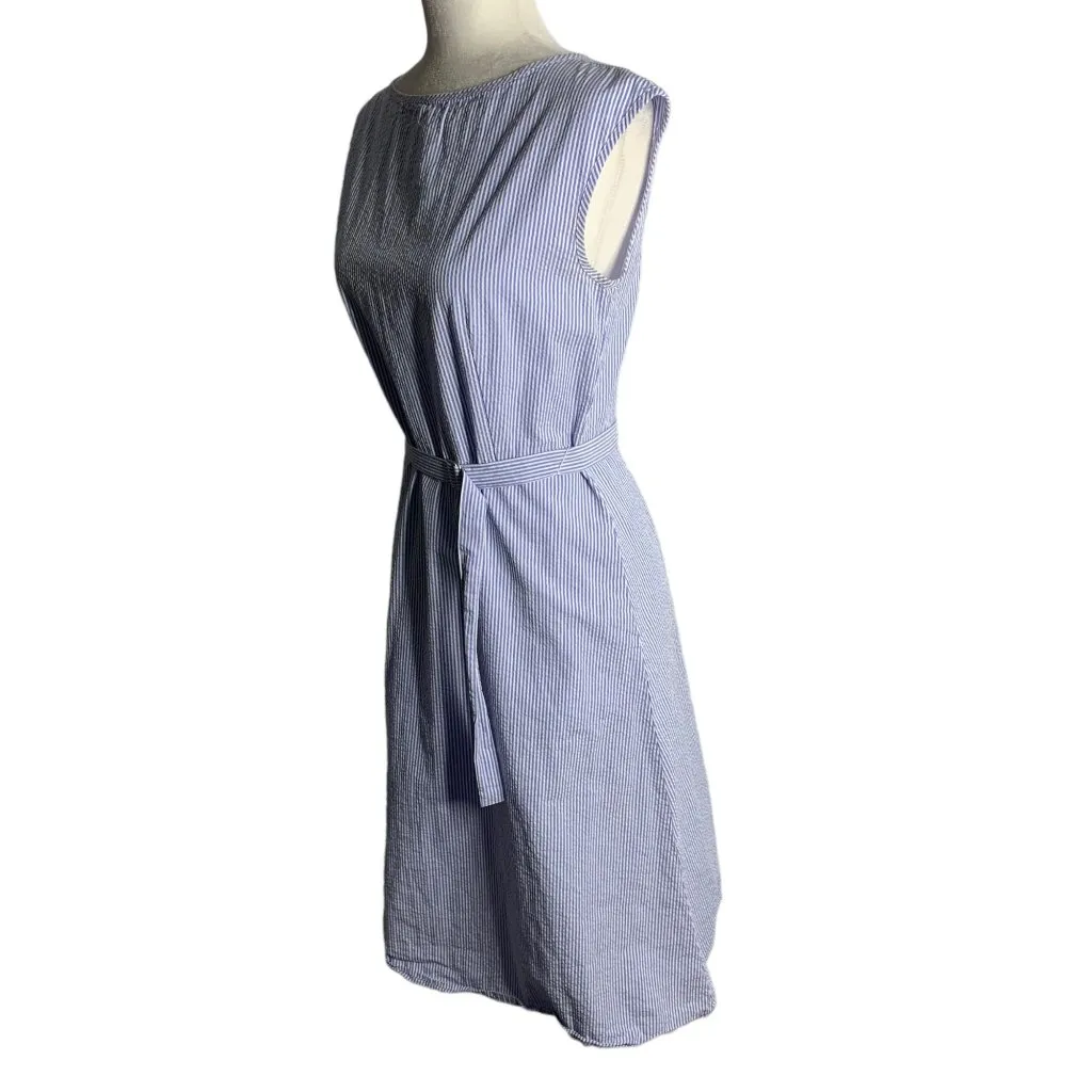 Uniqlo Sleeveless Belted Swing Dress S Blue White Striped Pockets Back Zip - Image 3