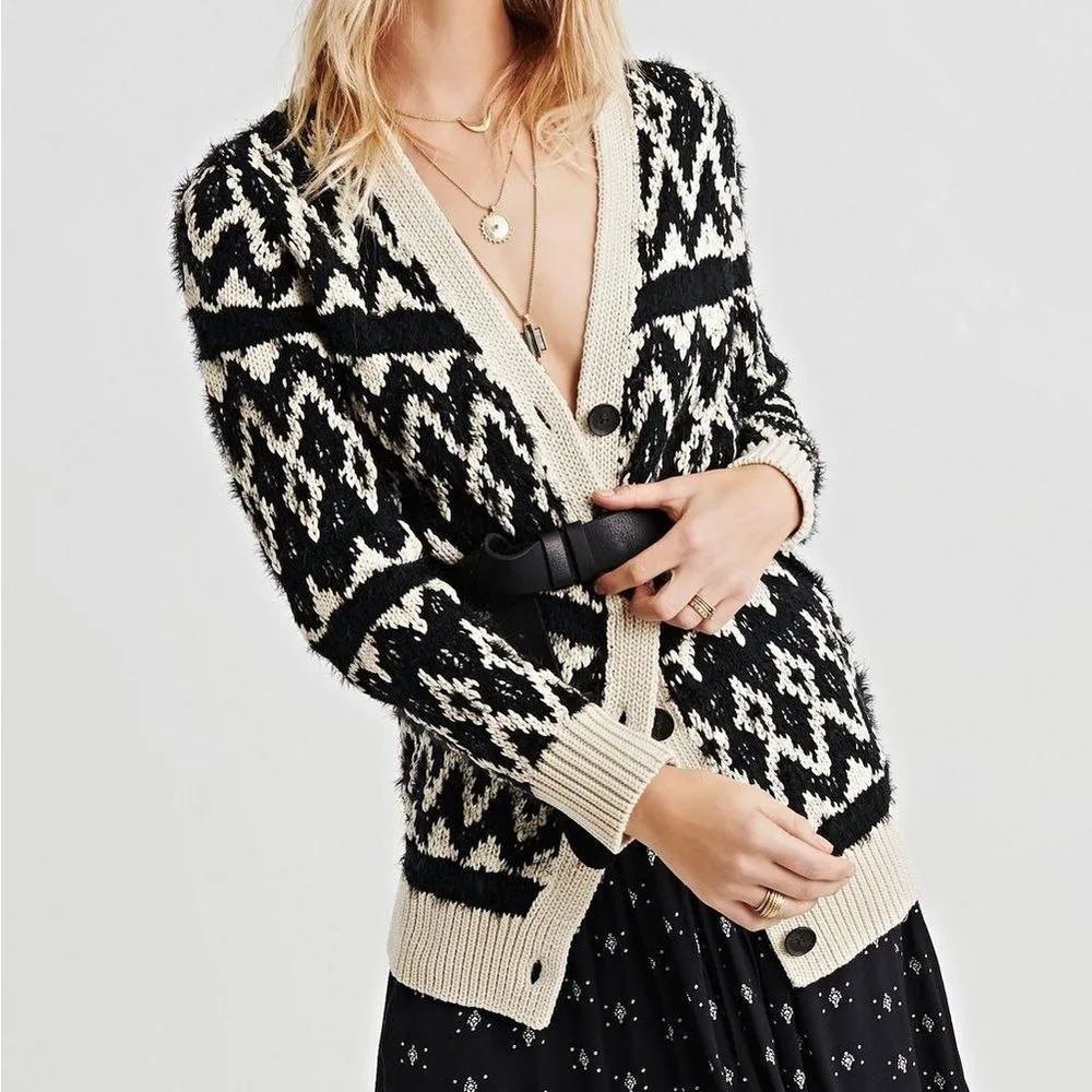 Lucky Brand Diamond Fair Isle Long Boho Cardigan Black & Cream Womens Size Small - Image 9