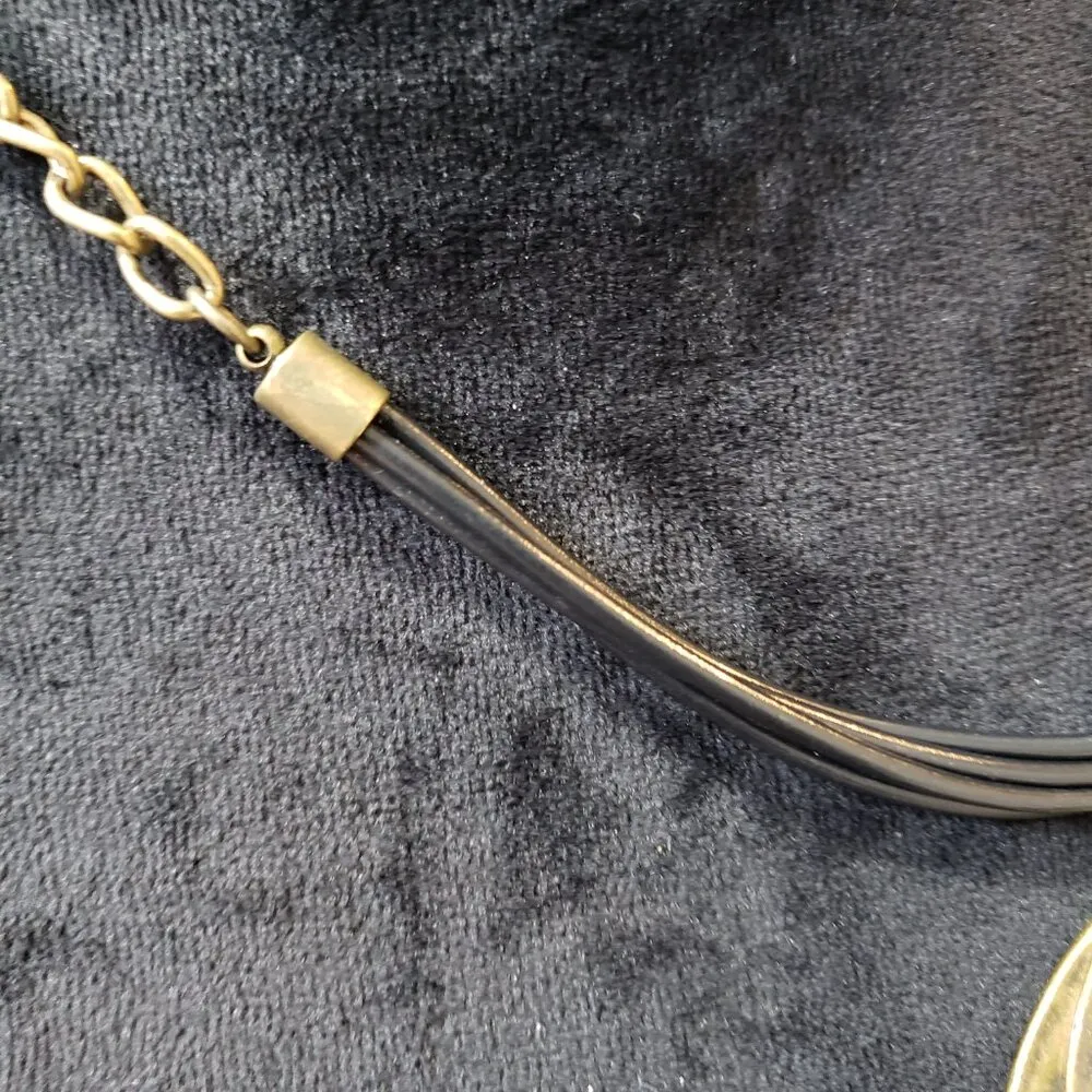 Womens Brass Round Hammered Pendant 4 Strand Black Cord Necklace Jewelry Lobster Gold - Image 7