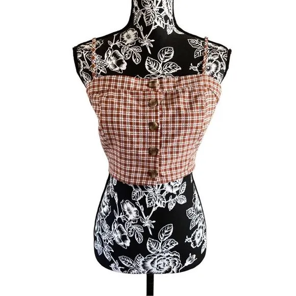 Lottie Moss Gingham Crop Top Spaghetti Straps Buttons Coastal Summer Beach - Image 2