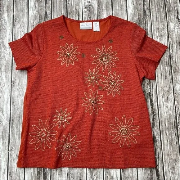 Alfred Dunner Petites Floral Embroidered Tee Shirt T-Shirt Mesh Beading Small P - Image 3
