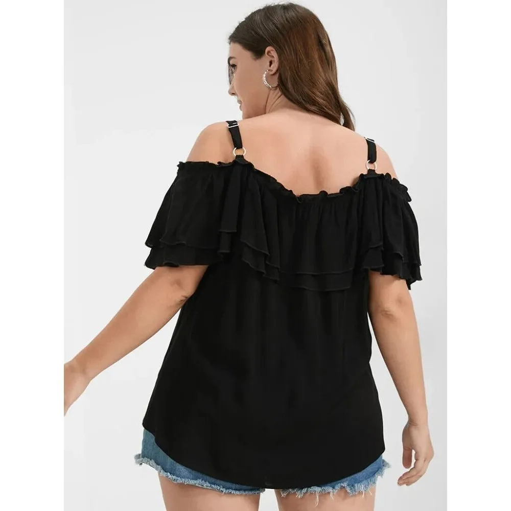 Bloomchic Plain Ruffles Trim Ties Cold Shoulder Blouse Top Black 14-16 - Image 2