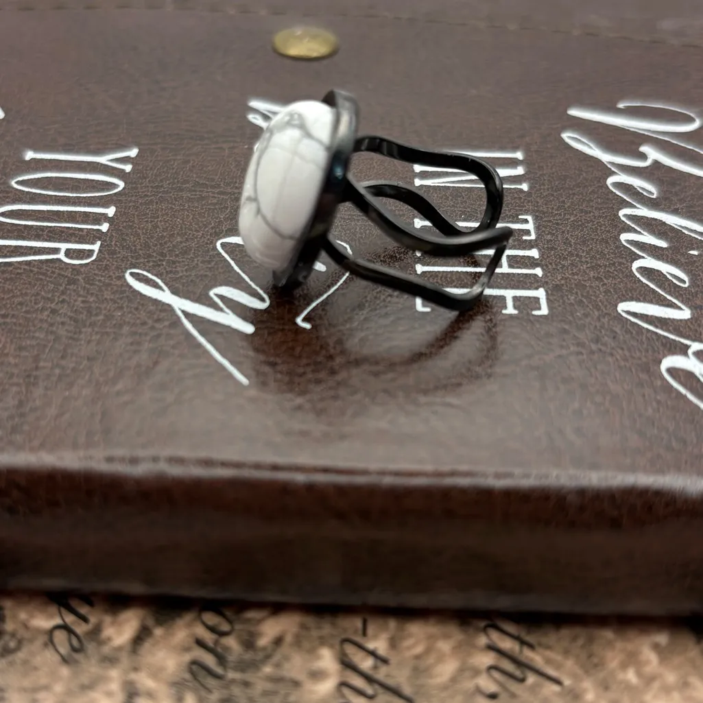 Handmade Howlite Stone Ring on Black Stainless Steel Adjustable Band - Image 2