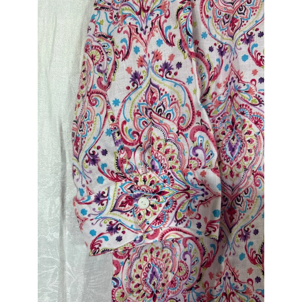 Chicos Button Up 3 XL Pink Paisley 100% Linen Long Line 3/4 Sleeve - Image 2