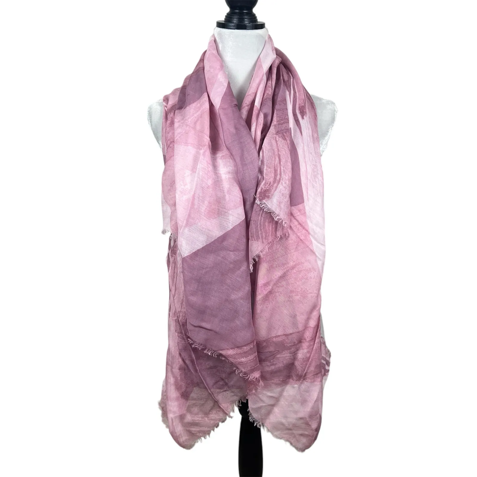 New H by Halston Shades of Pink Fringe Trim Boho Scarf - Image 3