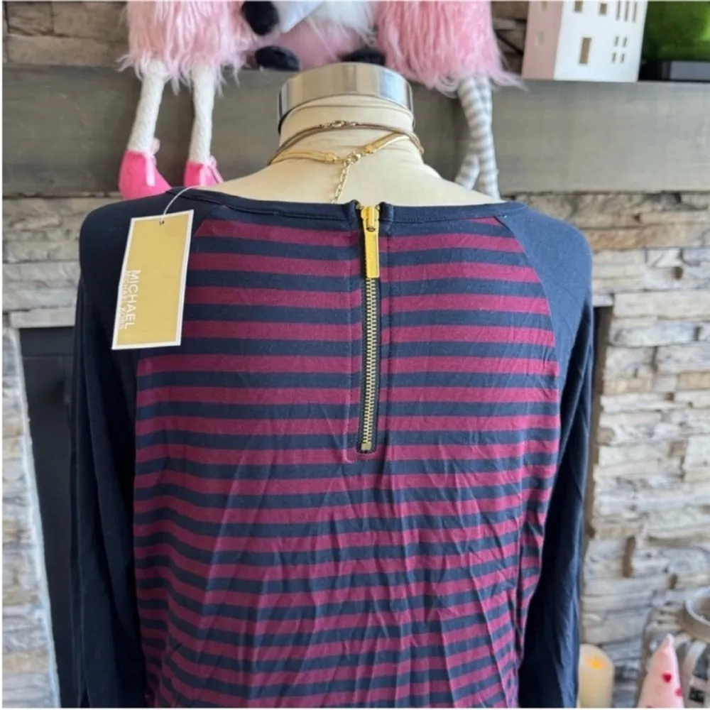 MICHAEL Michael Kors Navy and Burgundy Striped Long Sleeve Tee Blue Size L - Image 4