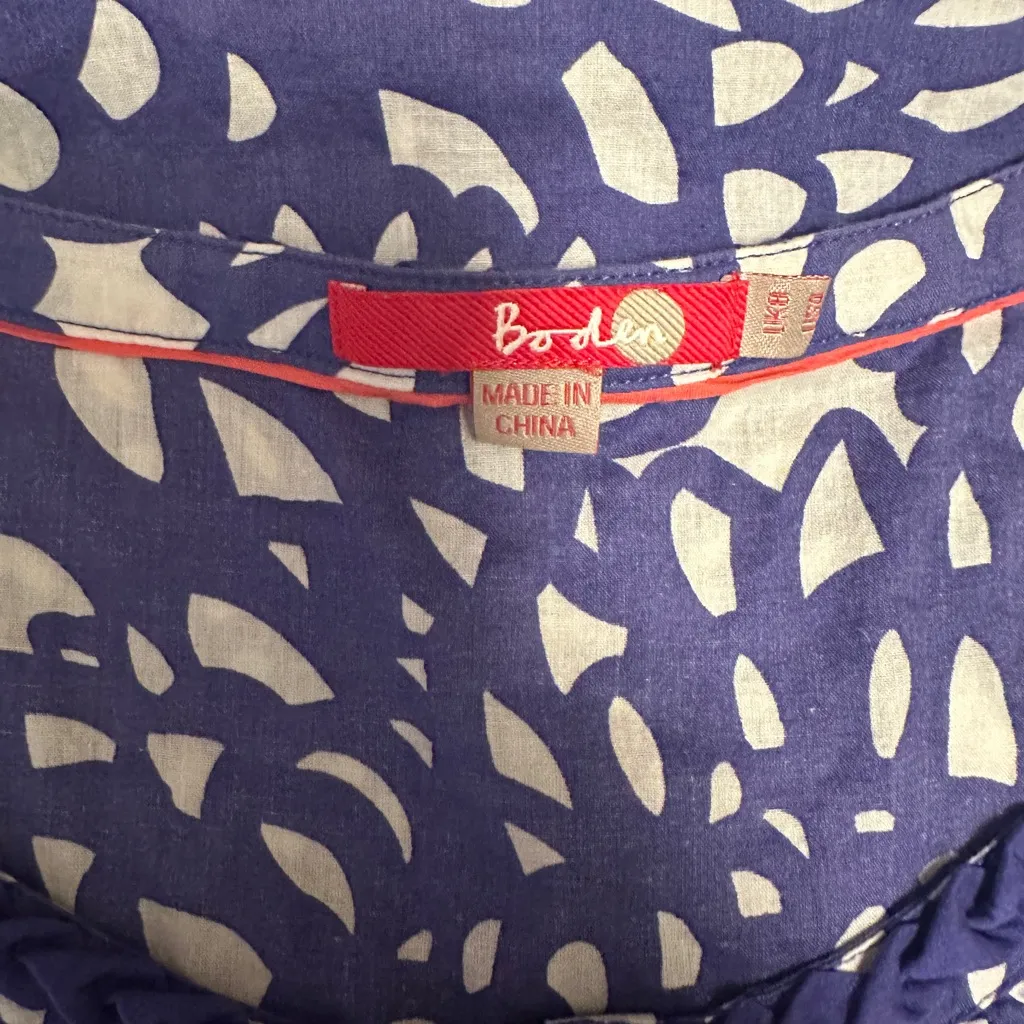 Boden Floral Blue Purple Top Cap Sleeves Button Front Lots of Details 4 Cotton - Image 7