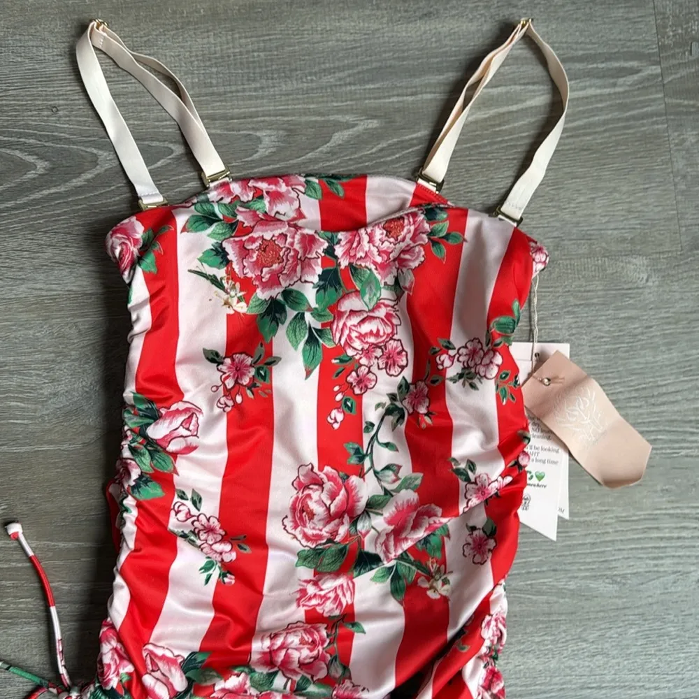 NEW We Are HaH One Piece Swimsuit Red Floral Stripe Ruched Snalll Pink - Image 3