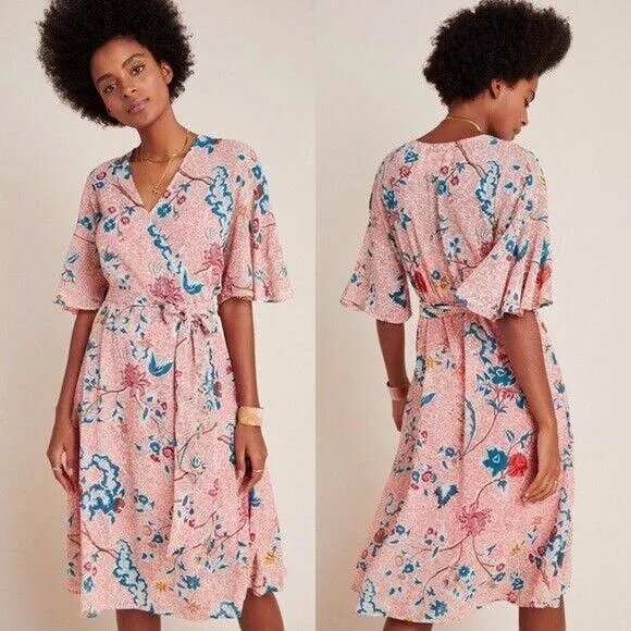 NEW Anthropologie Maeve Adelaide Pink Floral Wrap Dress Women's Size XS - Image 2