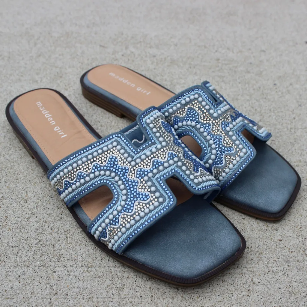 Madden Girl Blue Rhinestone Beaded Sparkle Slide Sandals Sz 9 - Image 3