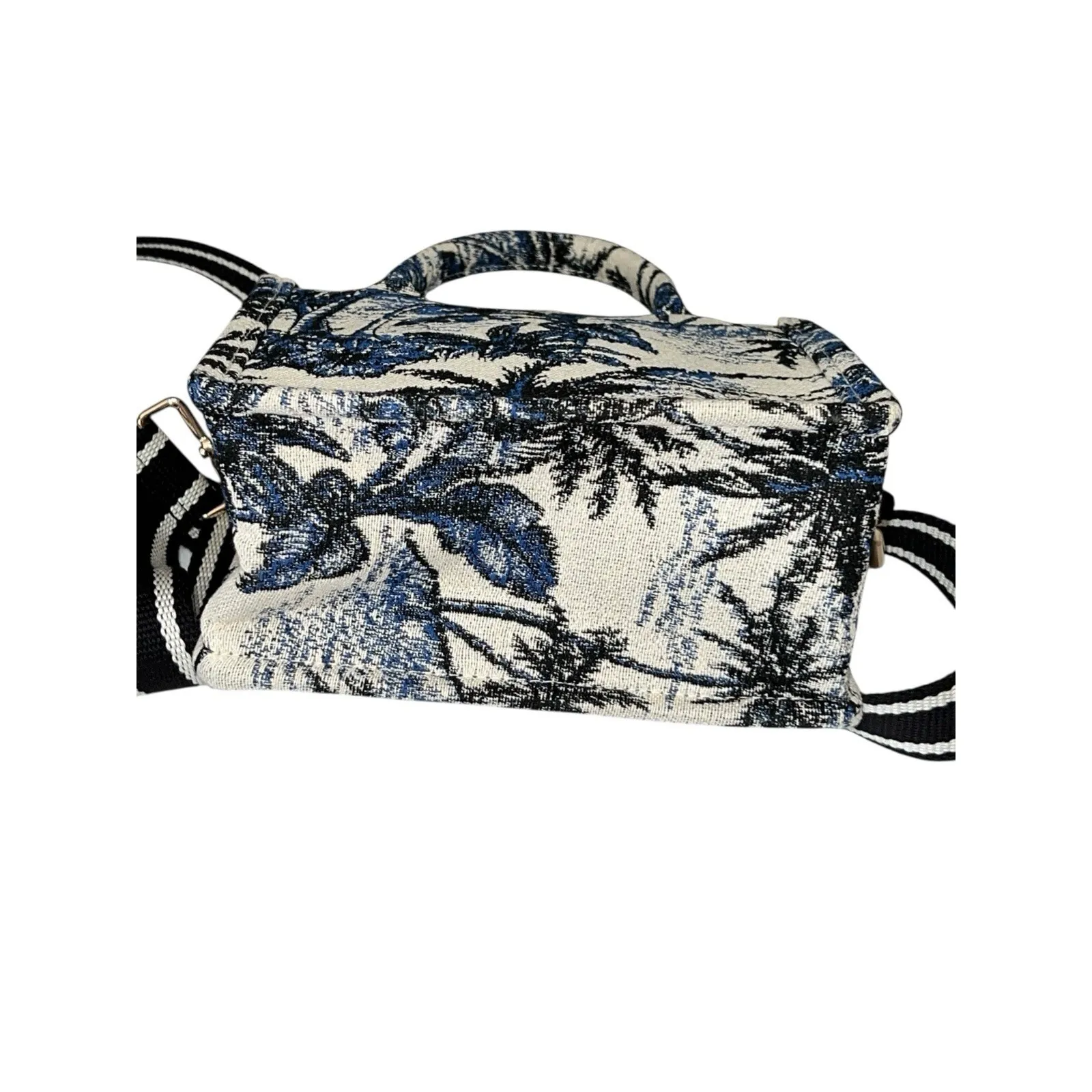 H&M Mini Tote Jacquard Tote Palm Tree Leaf Tropical Bag Crossbody Strap Blue EUC - Image 5