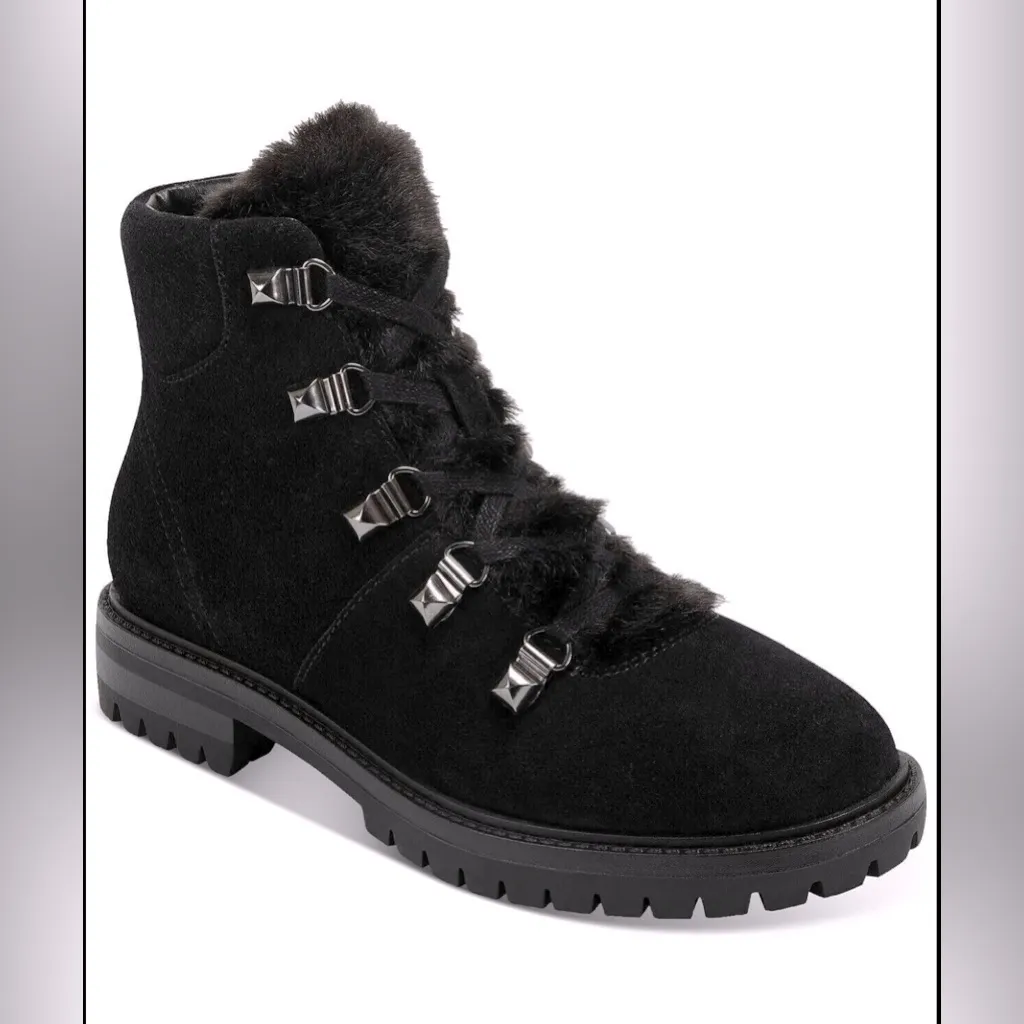 Marc Fisher Black Suede Faux Fur Lined Lace Up Ankle Boots Hobson Size 7 NEW - Image 7