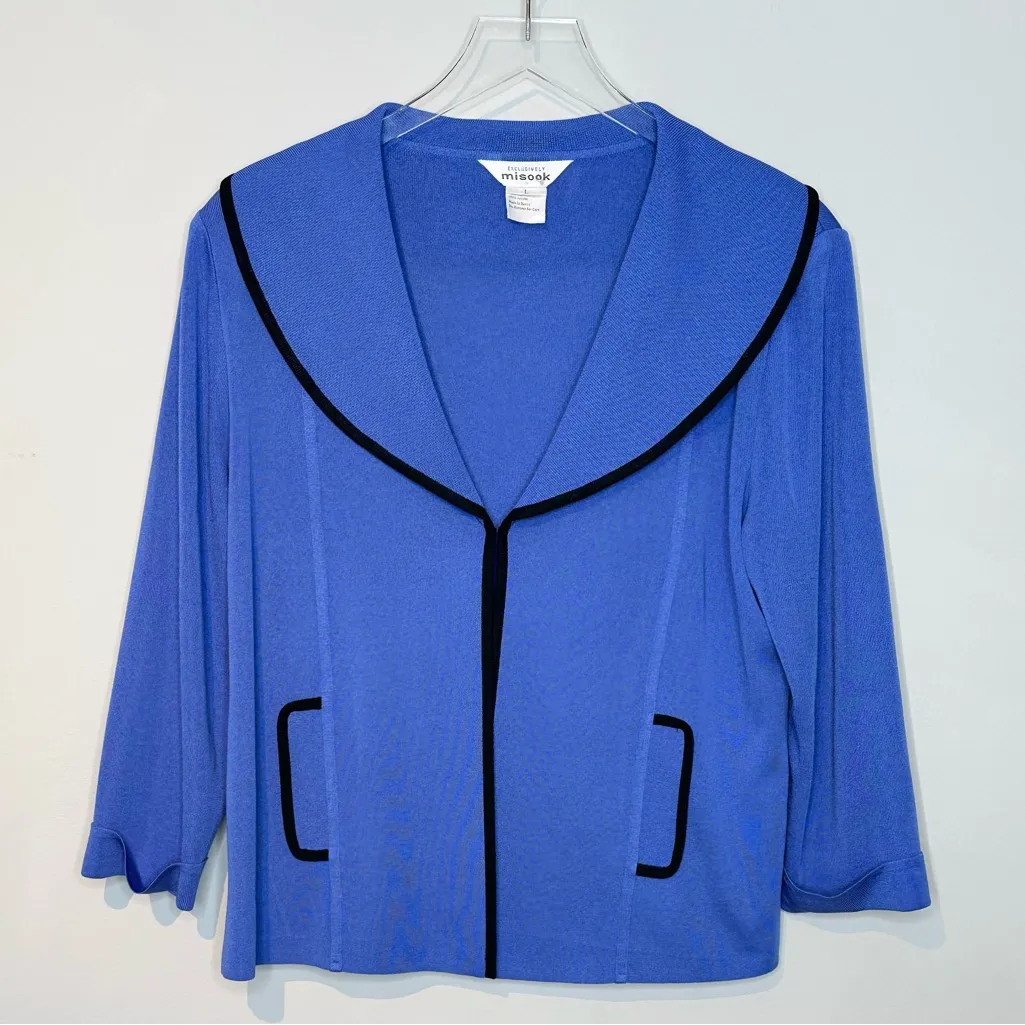 Misook Royal Blue Knit Black Trim Accents Cardigan Sweater Jacket - Image 9