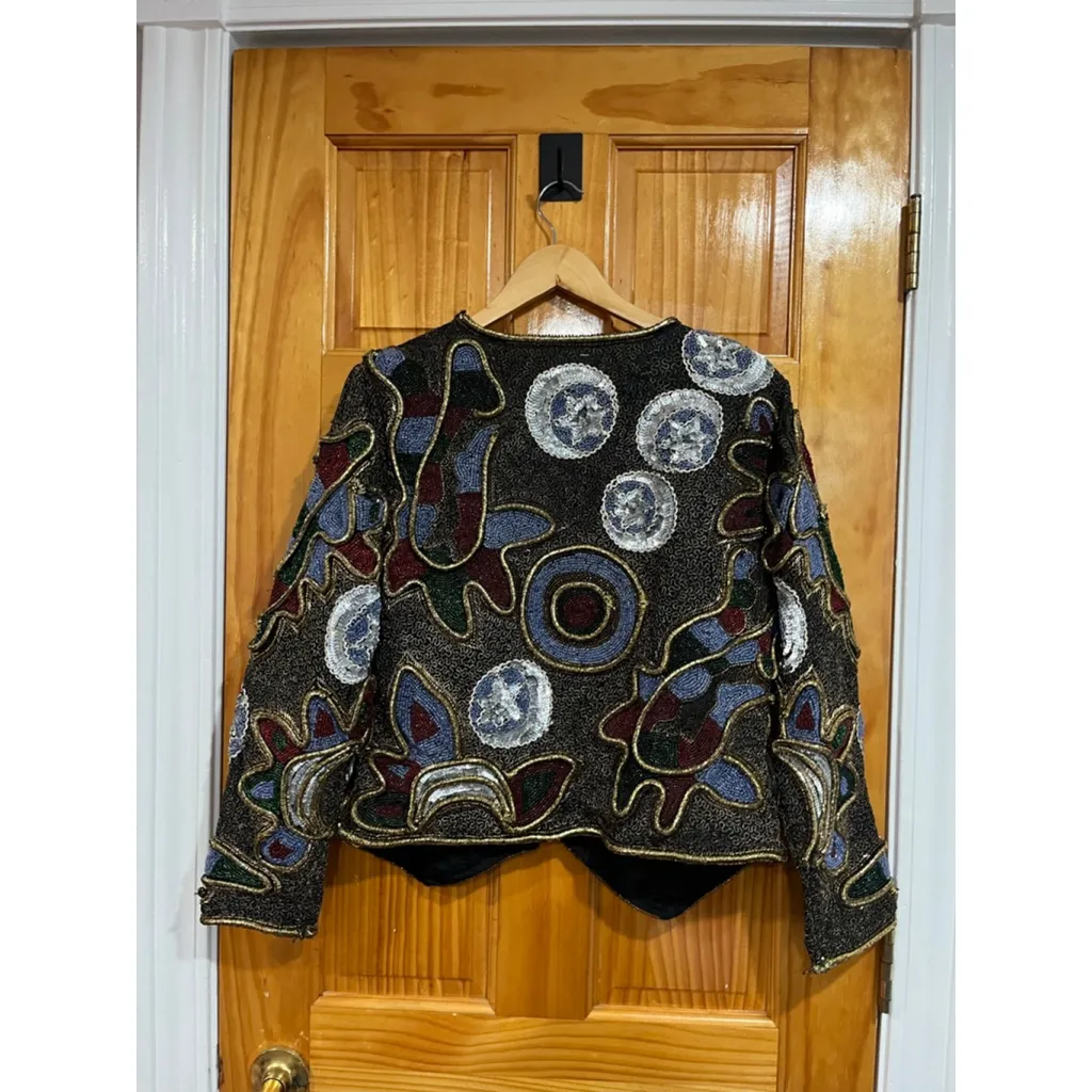 New Deadstock Nagpal Silk Beaded Evening Sequin Holiday Party Jacket Vintage Black - Image 10