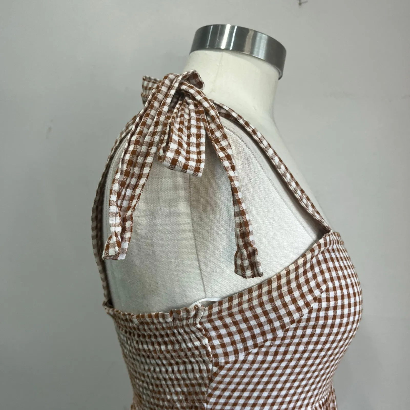 Crescent Cotton Gingham Tiered Midi Dress Tie Straps Cottagecore Sz Small - Image 5