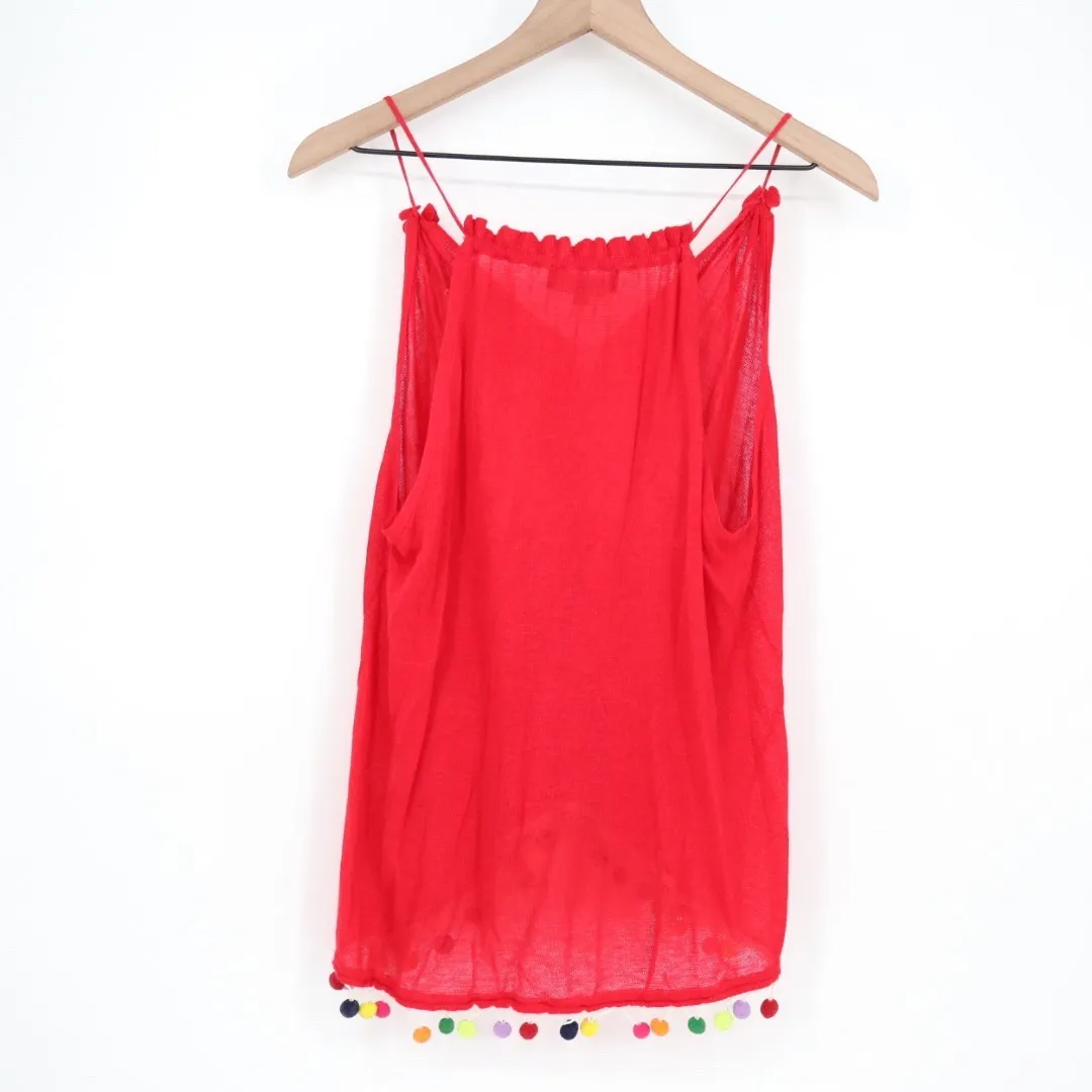 Central Park West Red Linen Viscose Tank Tassels Pom Pom Embellished Size L - Image 5