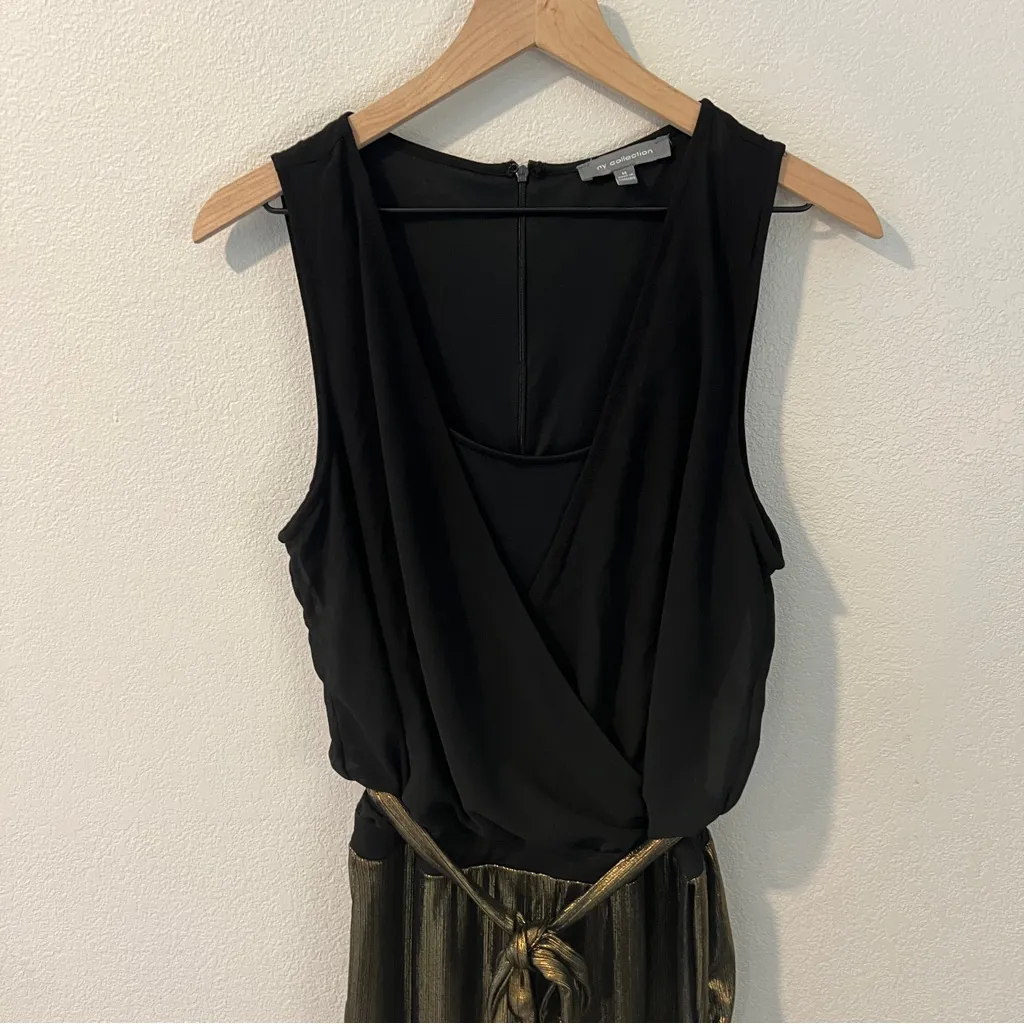 NY Collection Black & Metallic‎ Gold Layered Blouson Belted Wide Leg Jumpsuit M - Image 4