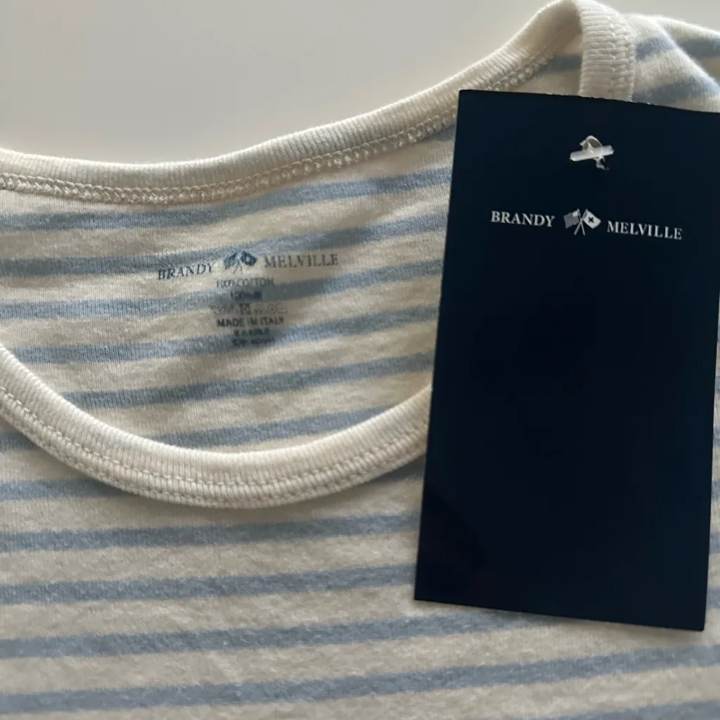 Brandy Melville Blue and Cream Striped Tee - Image 2