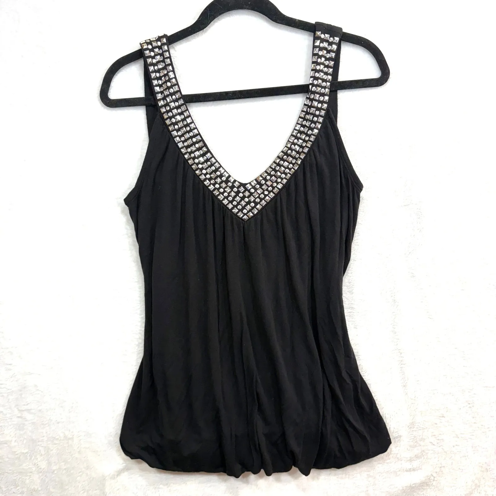 Marianne 1X Black Studded V Neck Top Goth Punk EGirl Cyber Y2K Retro‎ Alt Rave - Image 2