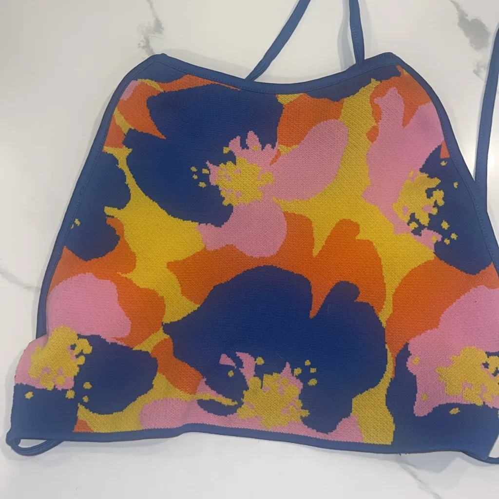 Zara Multicolored Floral Strappy Halter Crop Top Pucci Vibes L - Image 6