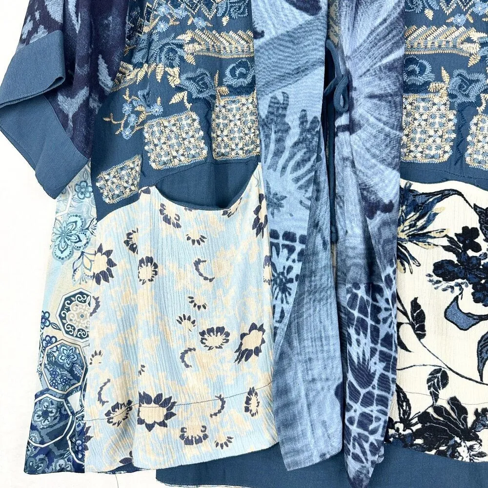 John Mark Print Embroidered Kimono Size Medium Floral Patchwork Boho - Image 4