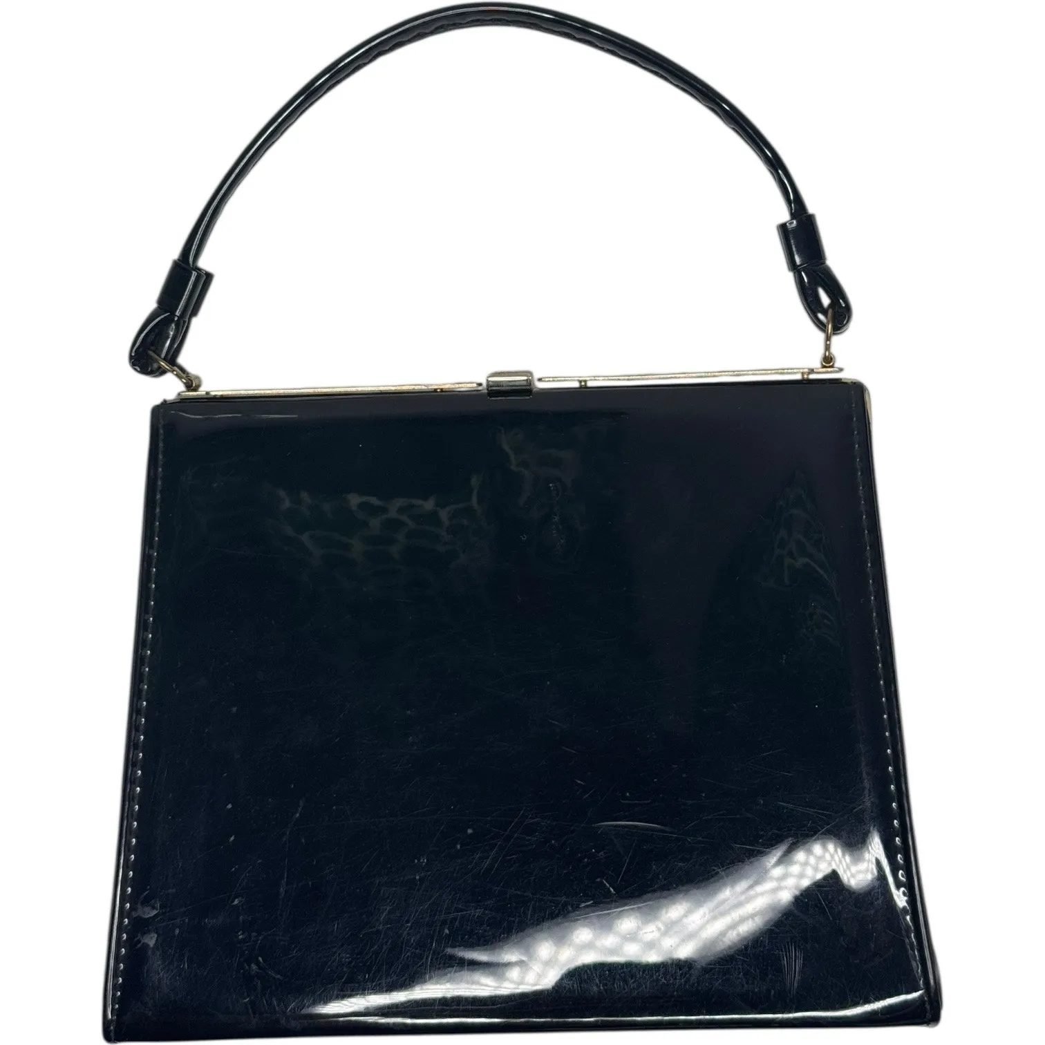 Vintage Aetna Black Patent Leather Box Purse 1960s Structured Frame Handbag - Image 4