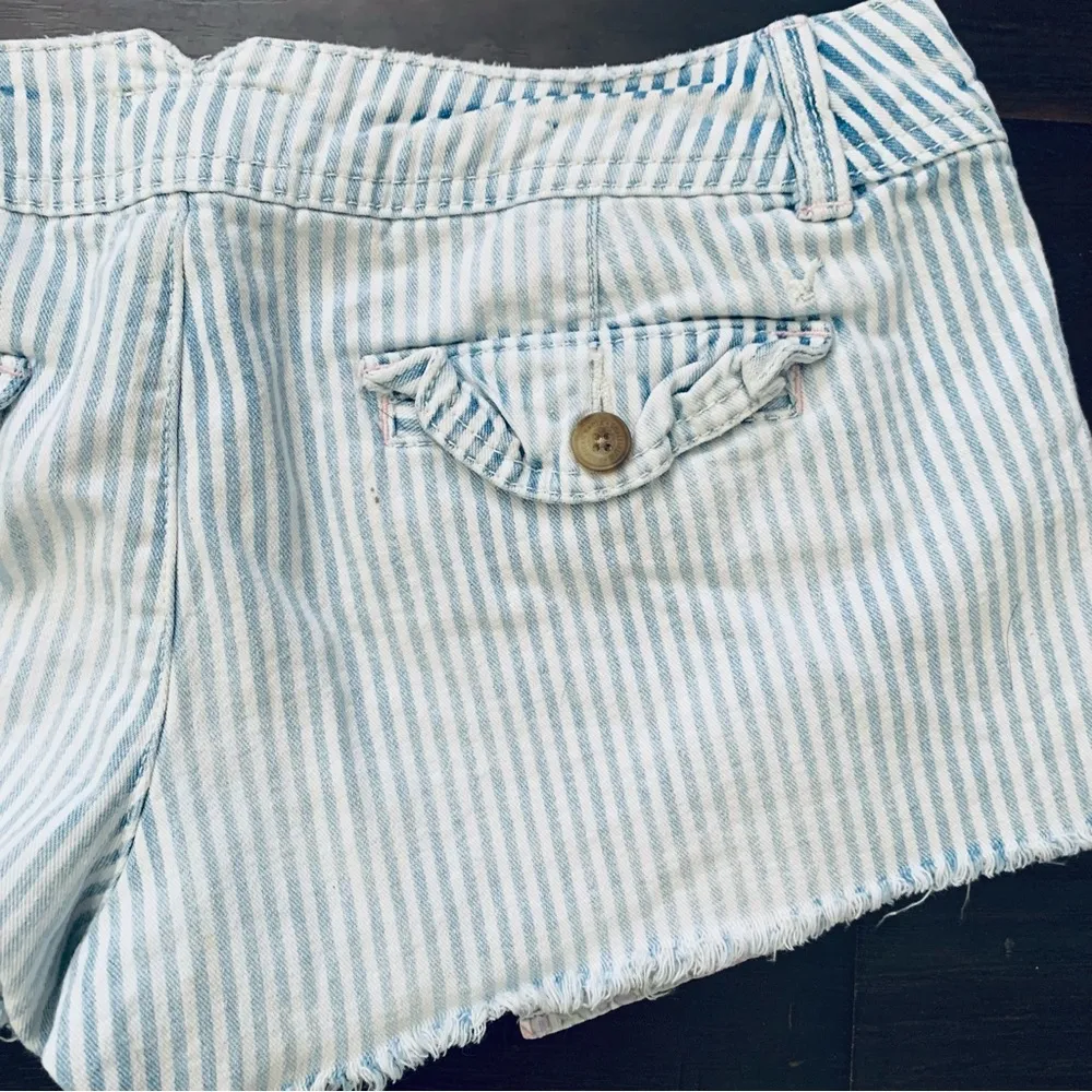 American Eagle AE White/Blue Striped w/Floral Patchwork Cut Off Jean Shorts | 2 - Image 6