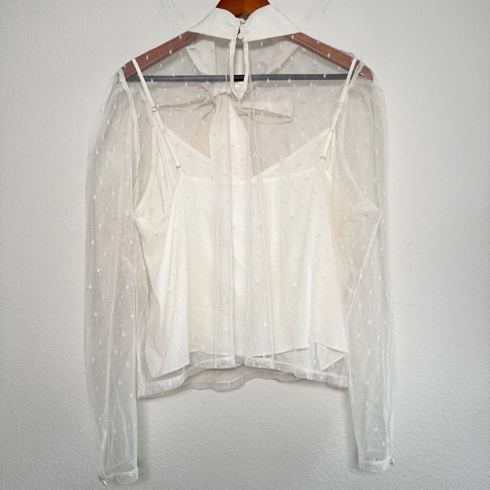 Express Ivory Sheer Swiss Dot Mesh Bow Tie Blouse Long Sleeve Top XL - Image 9