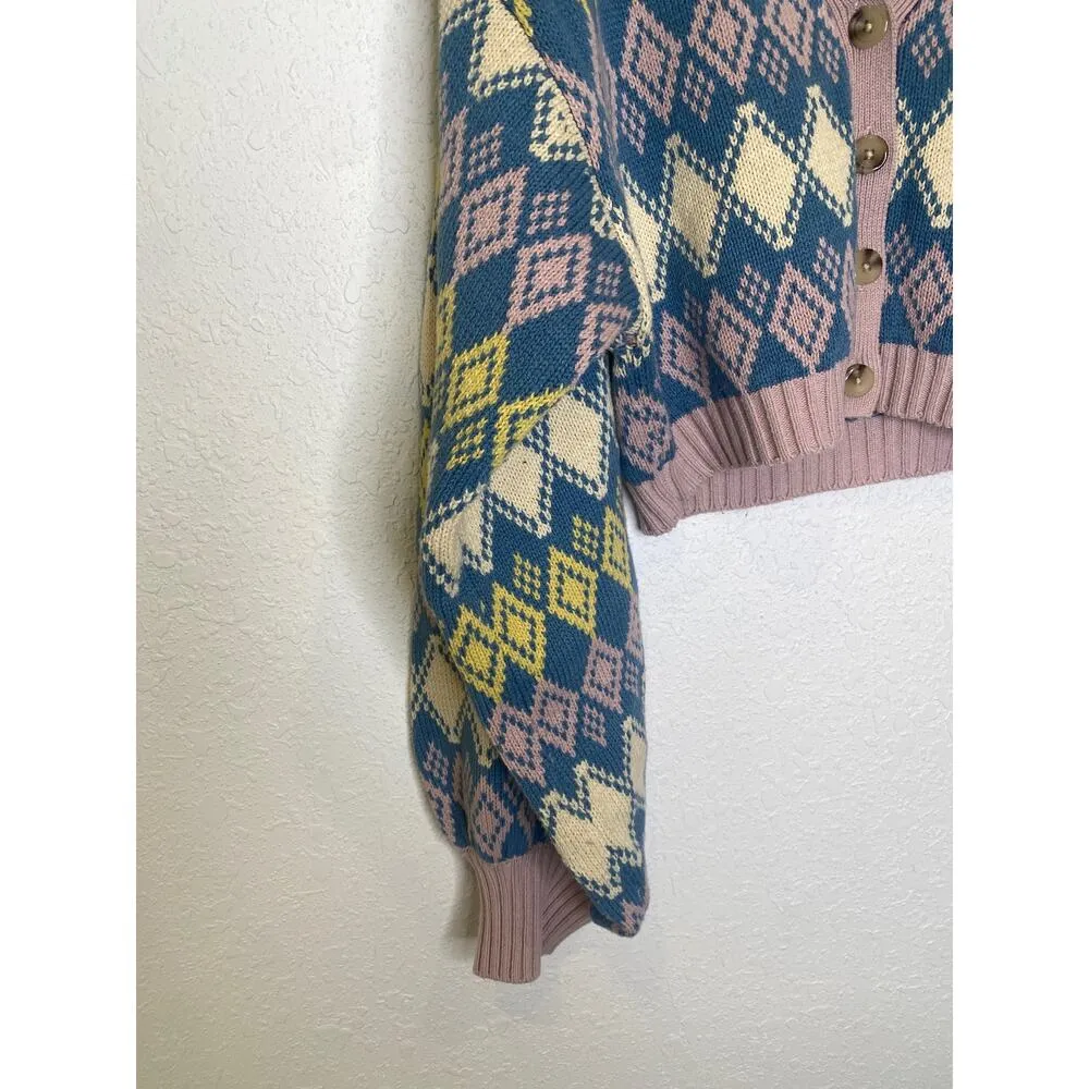 Free People Argyle Cardigan Sweater Mini Skirt Set EUC Sz XS Cotton Pink Blue - Image 4