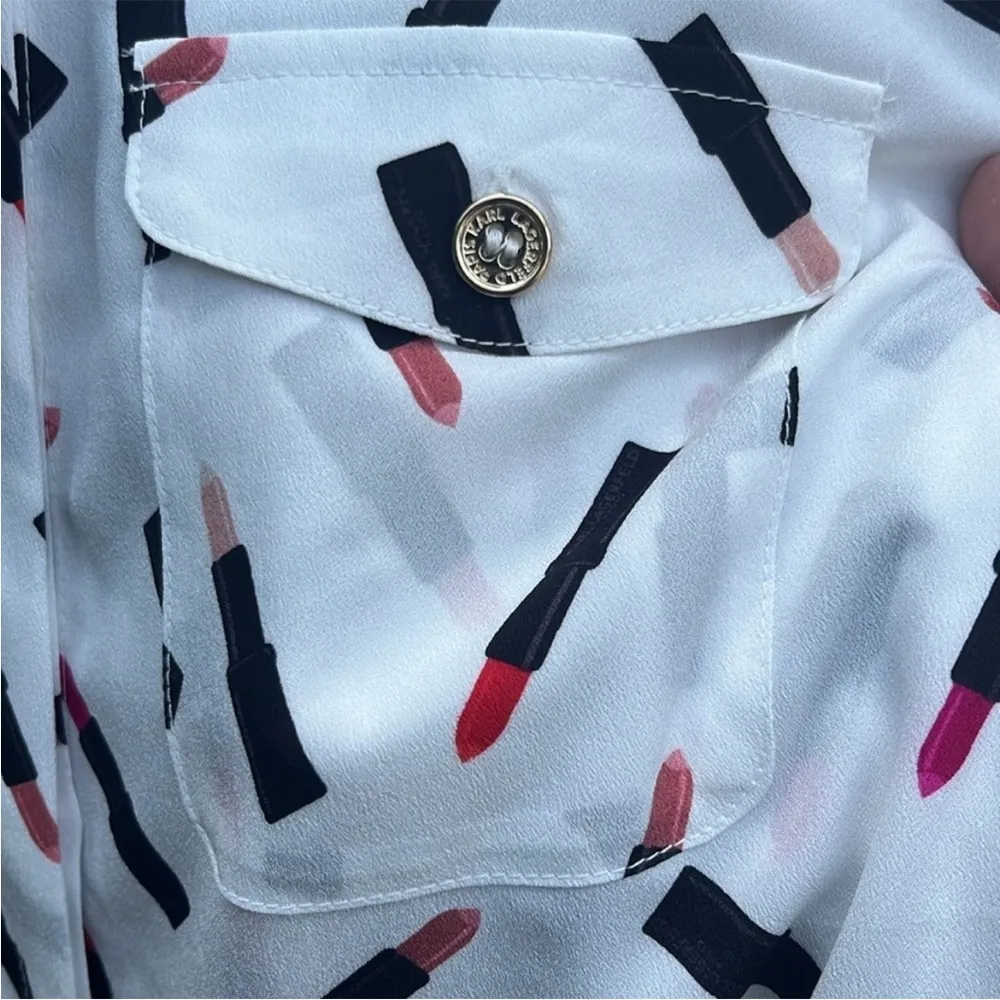 NWT Karl Lagerfeld Lipstick Pattern Long
Slv Roll Tab Blouse Generous XS - Image 8