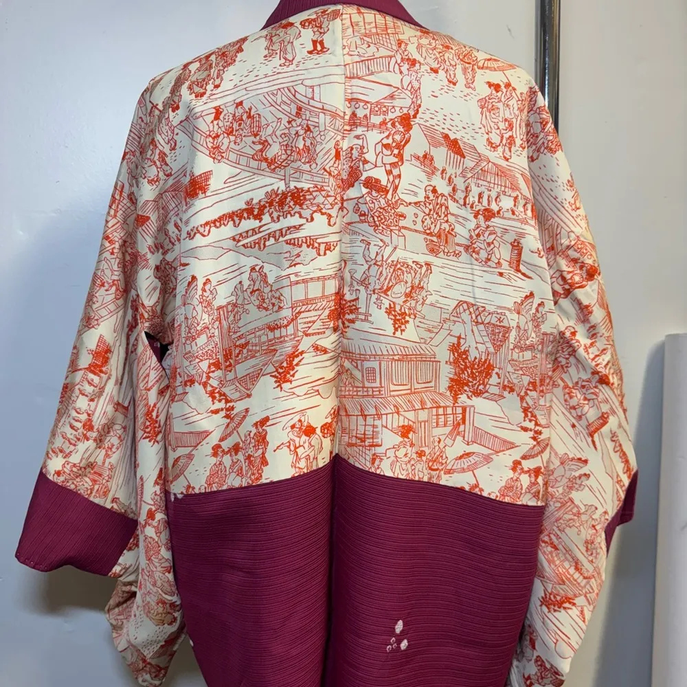 Vintage Kimono haori burgundy white cream orange double sided tie dye Red Size undefined - Image 10