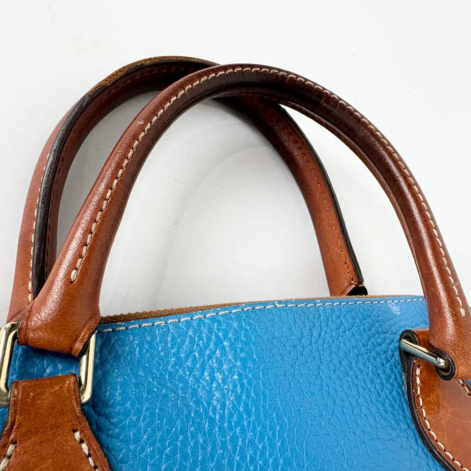 Dooney & Bourke Zip Zip Pebble Grain Domed Satchel Blue Brown with Red Interior - Image 16